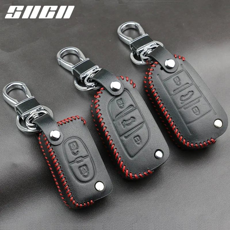 

SNCN Genuine Leather Car Key Case Covers Keychain For Peugeot 107 207 307 308 407 607 206 208 301 406 407 408 508 2008 3008 4008