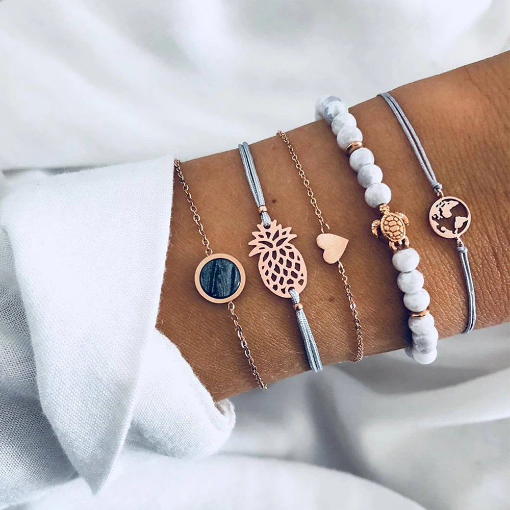 

5 Pcs/ Set Personality Turtle Heart Map Pineapple Bead Chain Leather Multilayer Bracelet Set Women Fashion Clothing Accessories