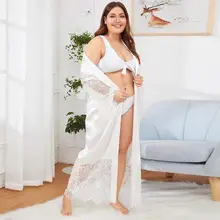 Женщины плюс размер шелк кружево сатин кимоно халат белье пижамы пояс