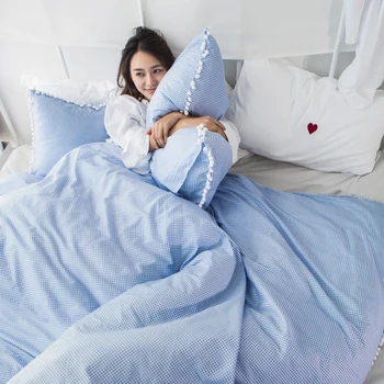

100% Cotton Korean Princess Style Bedding Sets Fashion Simple Geometric Plaid Stripe Pattern Duvet Cover Bed Sheet Set