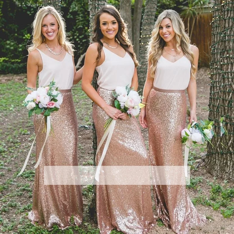 Розовое золото 2019 дешевые платья подружки невесты под 50 оболочка v-образным вырезом шифон Блестки Длинные свадебные платья для женщин