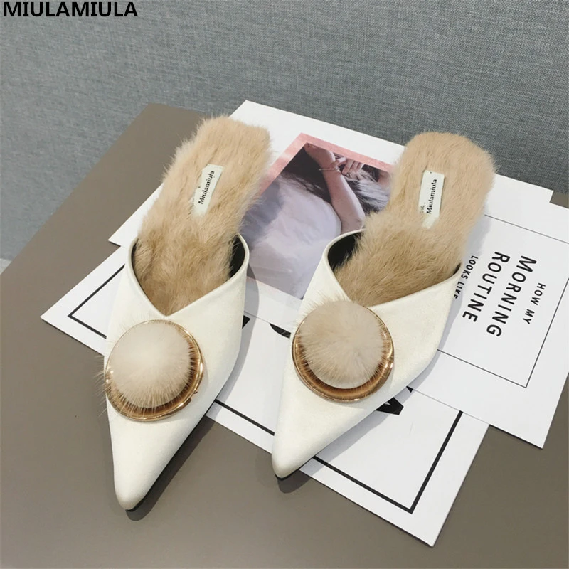 

MIULAMIULA Brand Designers Elegant Black White Pom Pom Med Thin Heels Woman Pointed Shoes Soft Hair Slip On Loafers Pumps Mules