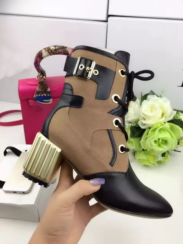 

2017 Fashion Trend Spring brand Shoes Women Round Toe Gold High brand Martin Boots Patchwork Lace Up Buckle Strap Ankle Boots