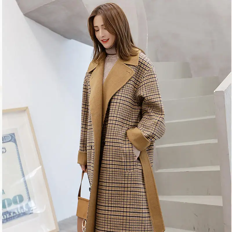 

Plaid Harajuku Autumn Winter Wool Coat Women Windbreaker Long Coats 2019 New Loose Ladies Woolen Jacket casaco feminino v665