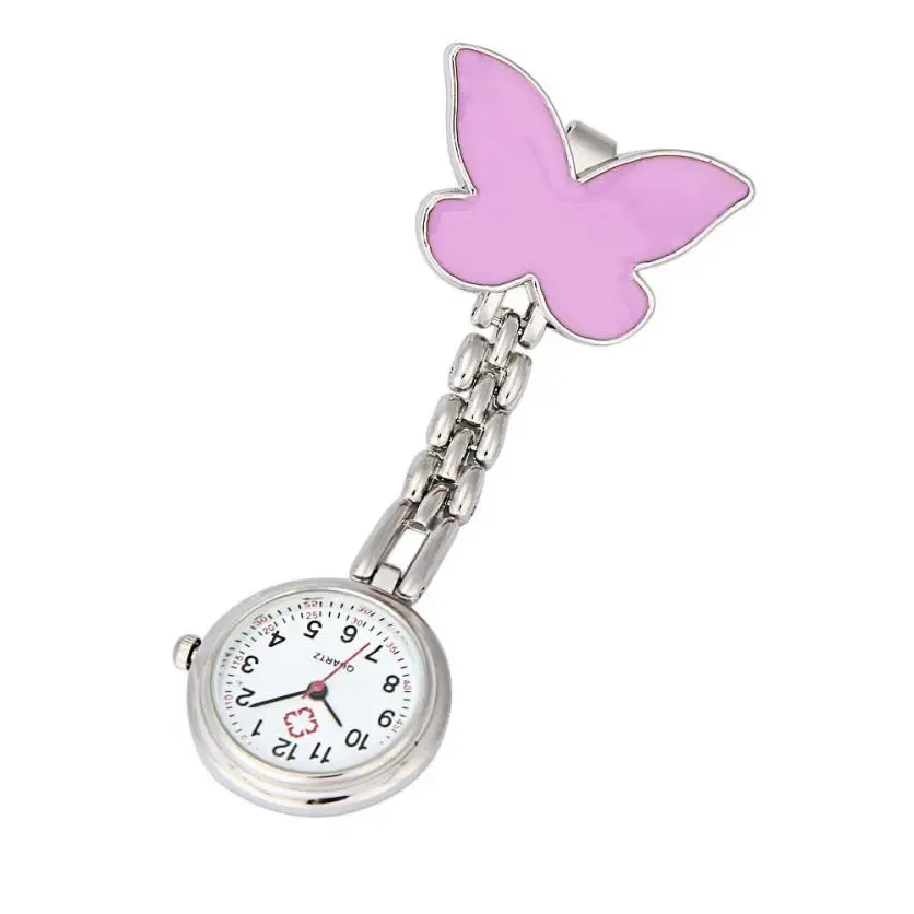 Fashion Pocket Watches Clip-on Fob Brooch Pendant Hanging Watch Women Butterfly Design Watches Doctor Nurse Pocket Watch L30 - Цвет: Розовый