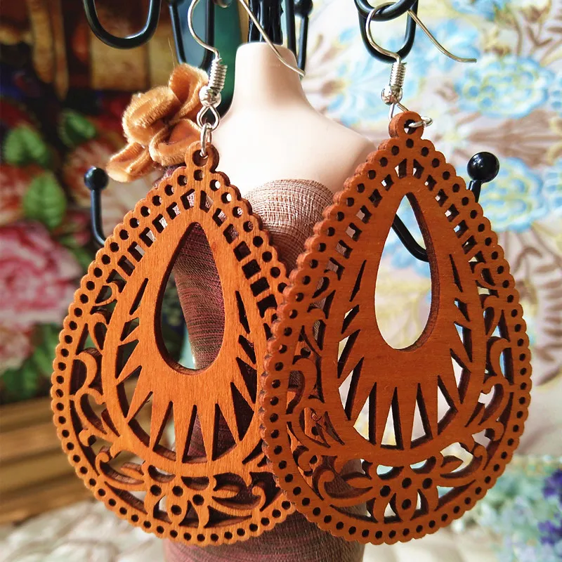 Engraving-water-drop-African-Wooden-Earrings-for