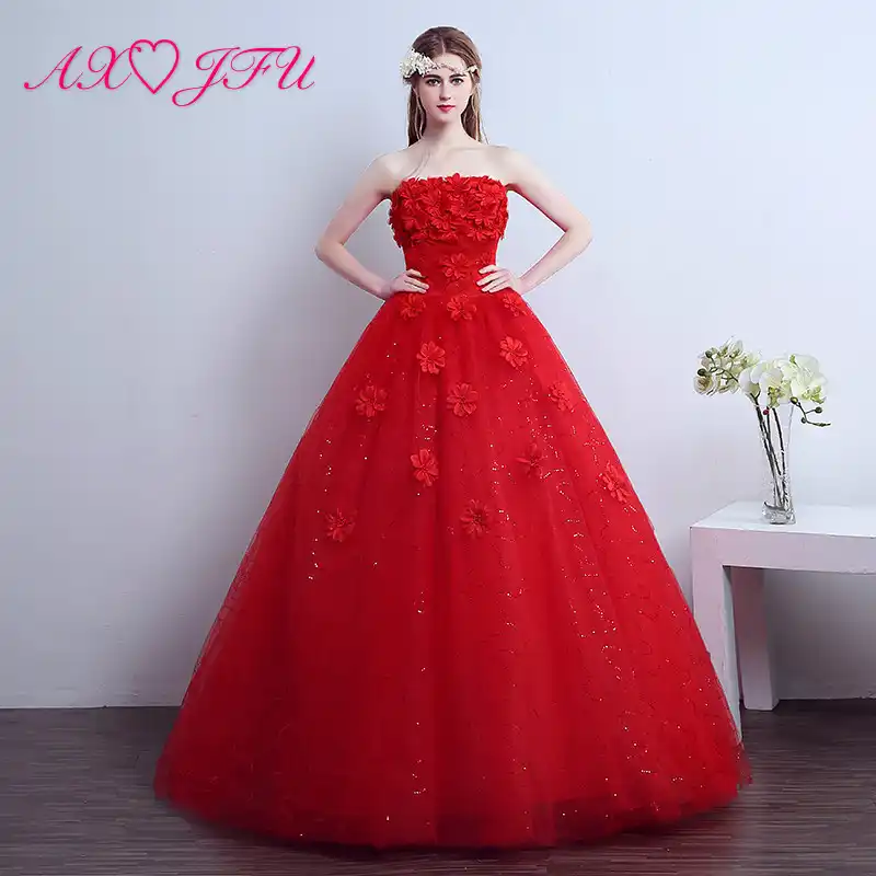 Axjfu Flower Lace Red Princess Wedding Dress Bride Strapless