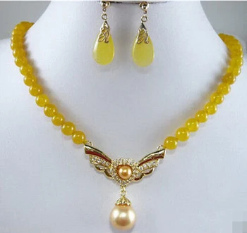 

$wholesale_jewelry_wig$ Yellow Jade Shell Pearl Crystal Pendant Necklace Earrings Set