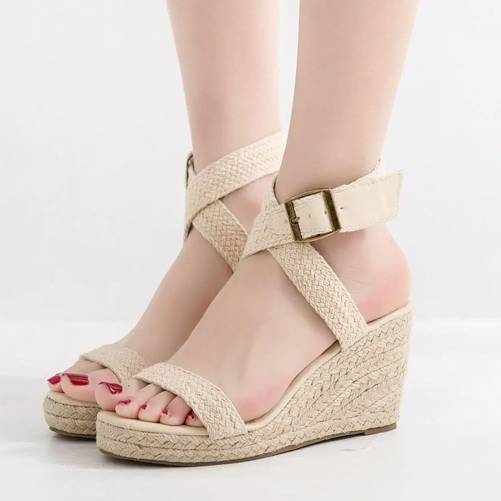 2019 Summer Hemp Wedge Sandals Women Ankle Strap Wedge Espadrilles ...