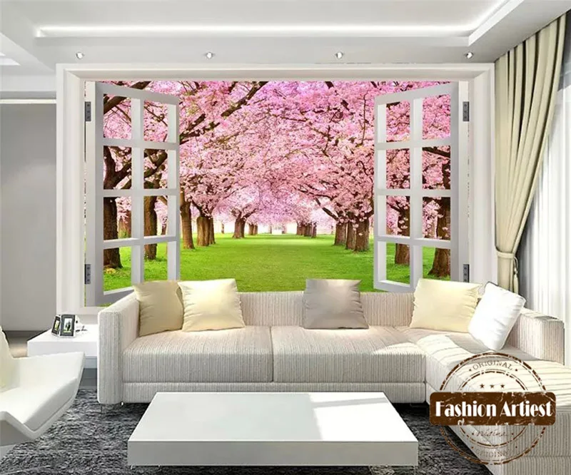

Custom 3d floral wallpaper mural sakura forest pink flower grassland out of window tv sofa bedroom living room cafe background