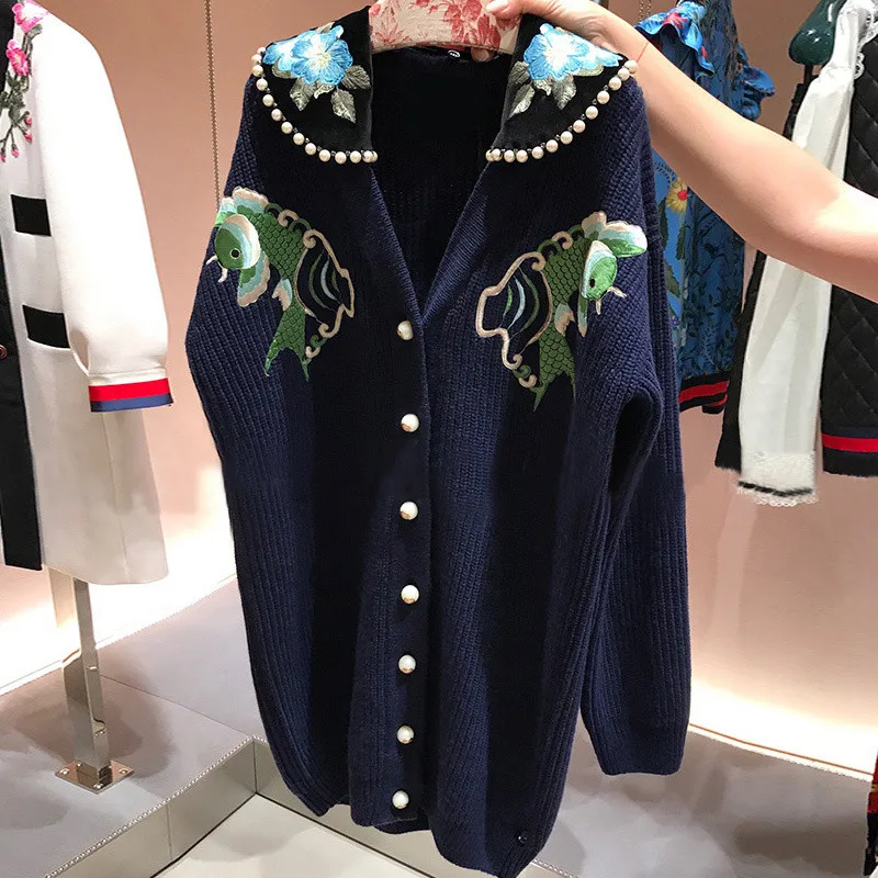 

High Quality Knitted Cardigans Women Embroidery Fish and Flowers Sequined Tiger Head Thick Beading Loose Long Sweater Dark Blue