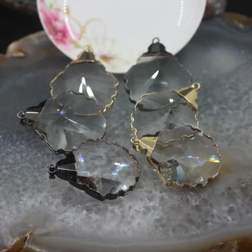 5pcs/lot,Plating Gold/Gunmetal Bezel Glass Leaf Pendants Bulk,Faceted