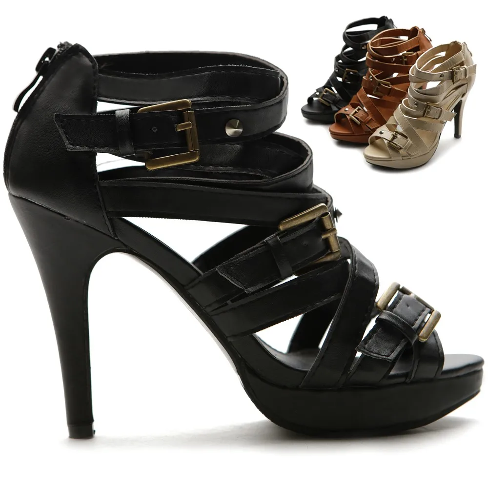 

Black Plus Size Women Thick Platform Gladiator Sandals Ankle Straps 4.3" High Heels Sandal Shoes Rubber Sole Buckle Ladies Shoes