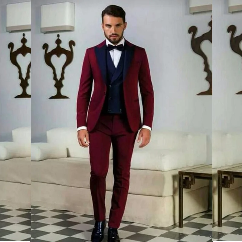 

Dark Red Groomsmen Groom Tuxedos Peak Navy Blue Lapel Men Suits Wedding Best Man Bridegroom (Jacket + Pants + Vest)
