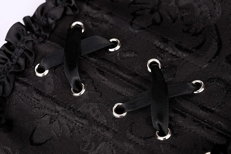 Новое сексуальное женское белье, стальной бюстье, черный атлас, вышивка, шнуровка, латексный корсет на талии, корсеты+ стринги размера плюс