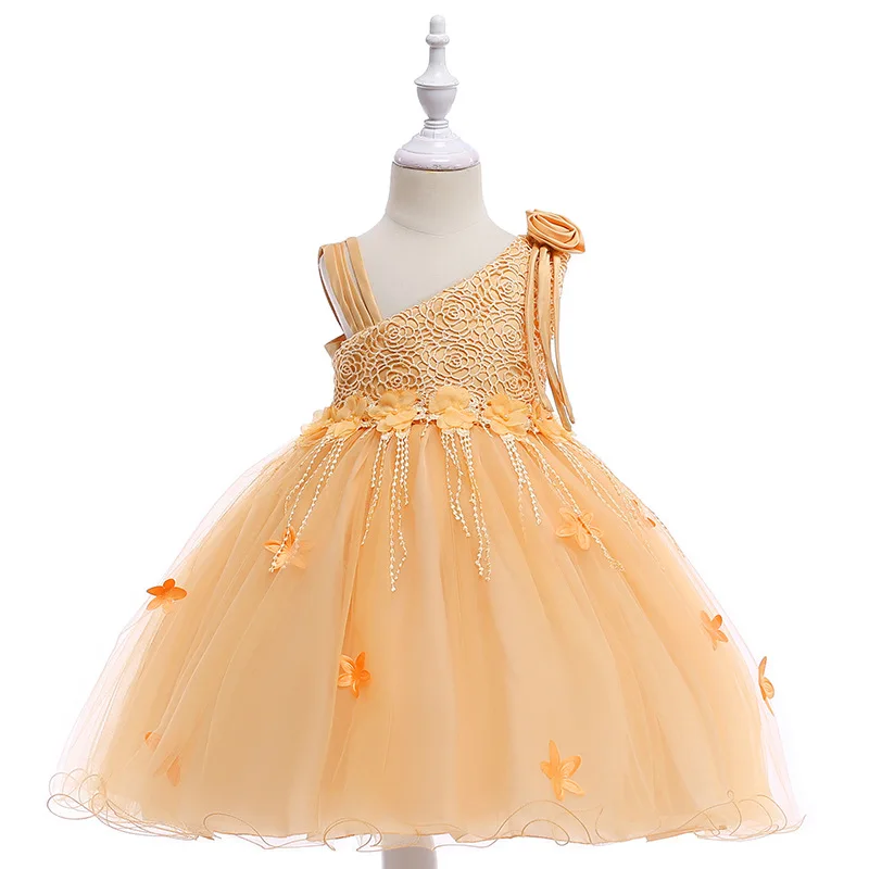 

Girls Party Dress Kids Single Shoulder Lace Bodice Tulle Dress with Flower Band Formal Girls Dance Clothing
