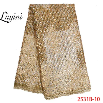 

2019 high Quality French Nigerian Sequins African Tulle Mesh Bridle For Wedding Dress 5Yards Gold Sequence Lace Fabric L2531B-1