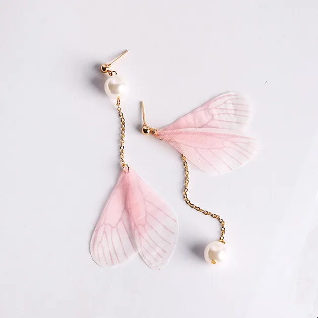 

2017 Korean Simple Butterfly Wing Earrings For Women Asymmetry Simulated Pearl Pendientes Trendy Handmade Drop Earrings