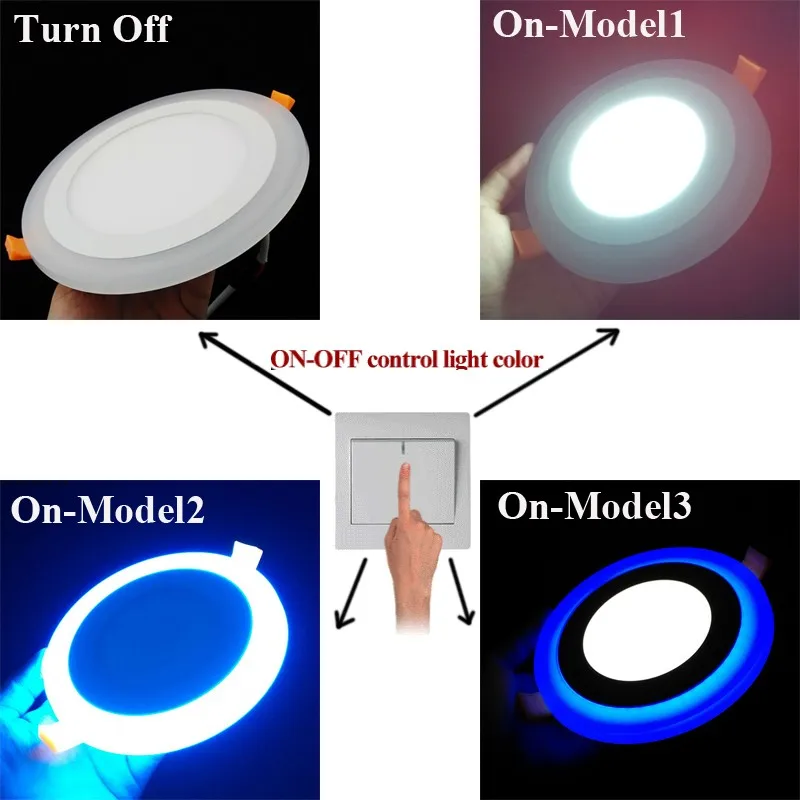 3 модели круглый квадратный синий белый двойной цветной светодиодный светильник 6 Вт/9 Вт/16 Вт/24 Вт AC85-265V Встраиваемый светодиодный потолочный светильник