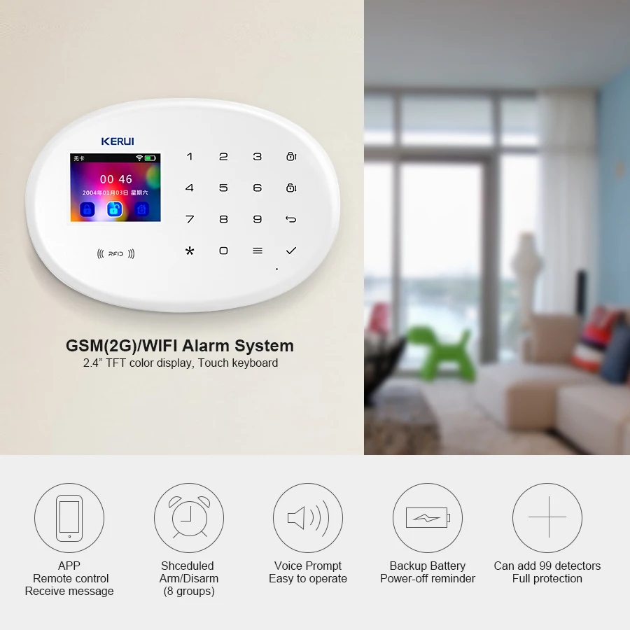 KERUI WIFI W20 RFID Card Smart Home Security Alarm System 2.4-inch TFT Touch Keyboard Screen APP Control GSM Wireless Home Alarm