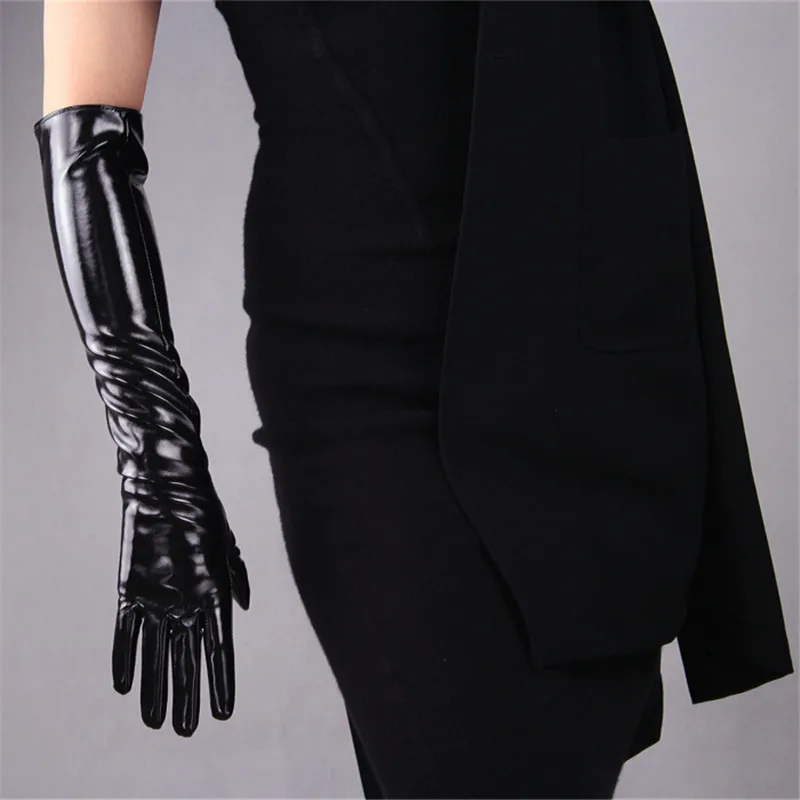 Новые очень длинные перчатки из лакированной кожи 70 см, яркие черные женские перчатки из искусственной кожи, WPU04