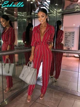 Eskulla Women Turn-down Collar Low-cut Jumpsuit Printed Stripe Long-sleeve Lace-up Pocket Jumpsuits Full Length Women clothing