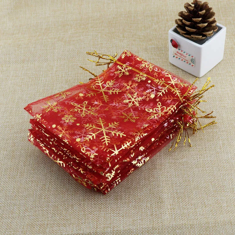 Christmas Snowflake White & Gold Organza Gift Bags Pouches Size 12x16cm Large 