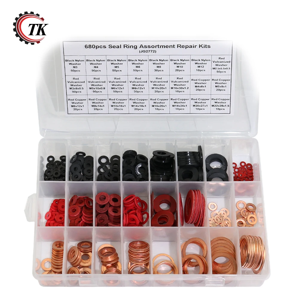 680 pcs M2.5 M20 24 Sizes Seal Ring Flat Washer Assortment Kit, Red