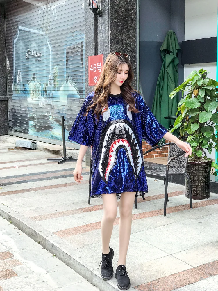 

3 Colors Women's Sequins Long Tees Cartoon Pattern Night Club Short Sleeve O-Neck Casual Loose T-Shirt