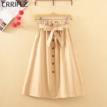 CRRIFLZ Midi Knee Length Korean Elegant Button High Waist Skirt