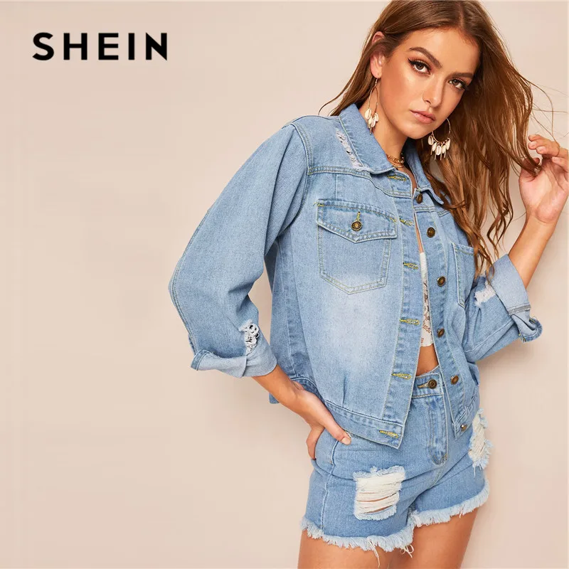 SHEIN рваные потертые джинсы с вышивкой, Женская Повседневная однобортная джинсовая куртка, синяя свободная Женская Корейская куртка