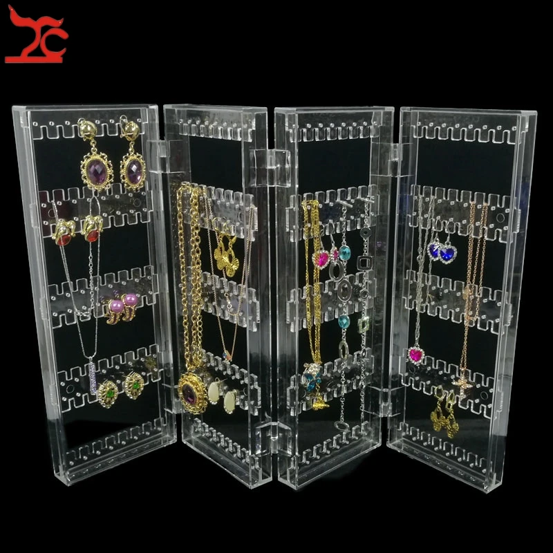 Foldable 4 Panel Clear Acrylic Makeup Jewelry Organizer Holder 256 Holes Earring Stud Necklace Bracelet Case Cabinet Stand Shelf