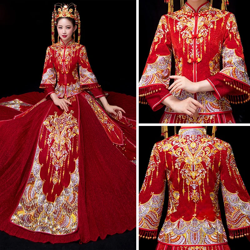 

Plus Size 4XL 5XL 6XL Nice Style Chinese Traditional Dress Red Wedding Dress Long Evening Dress Embroidery Cheongsam Clothing