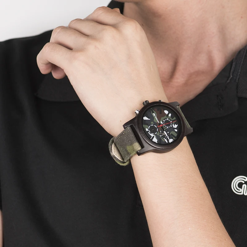 Saat erkek Man Watches Wooden Men Quartz Jungle Camo Camouflage BOBO BIRD Wristwatches Japanese Show Date Week Canvas Strap