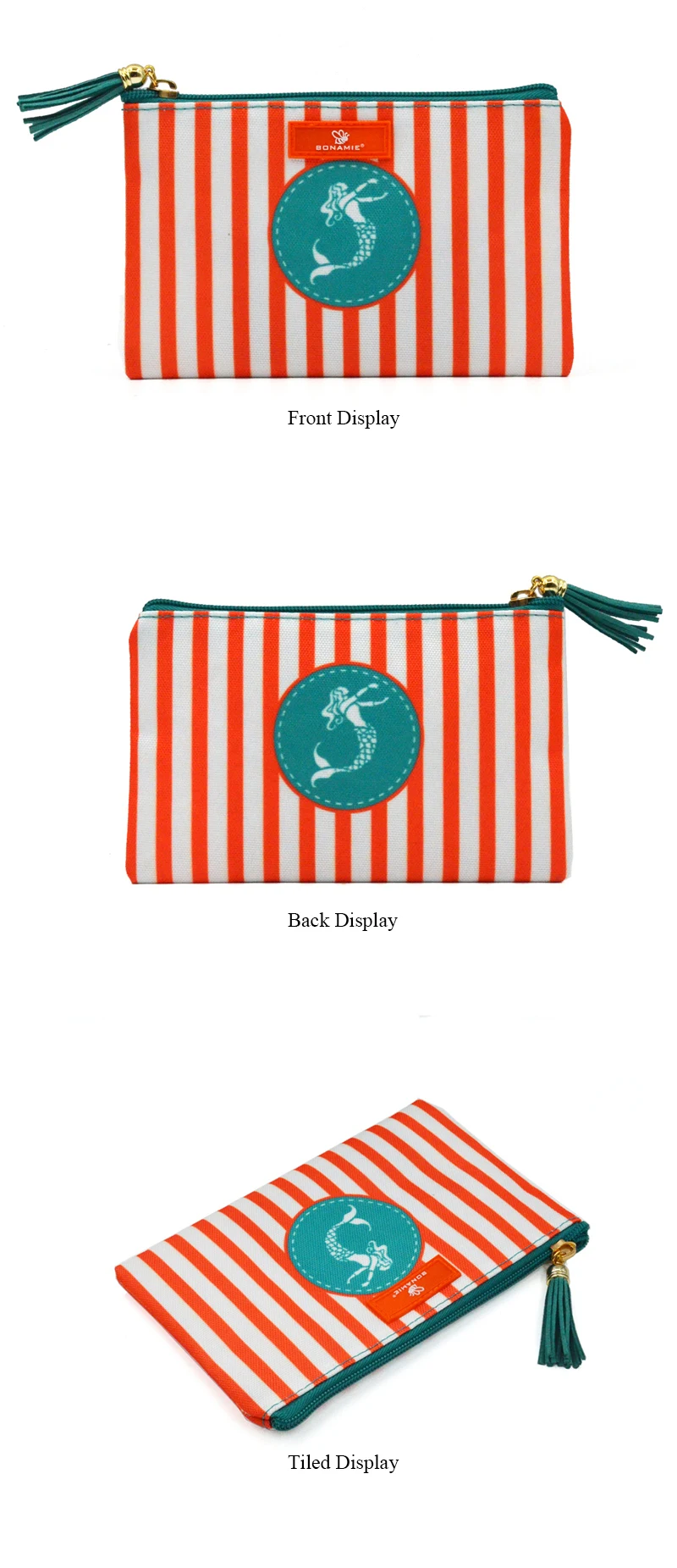 BONAMIE, Женский брендовый полосатый косметический Чехол, сумка для леди, клатч, сумка с принтом русалки, с кисточками, маленькая пляжная сумка, кошелек, сумочка для макияжа