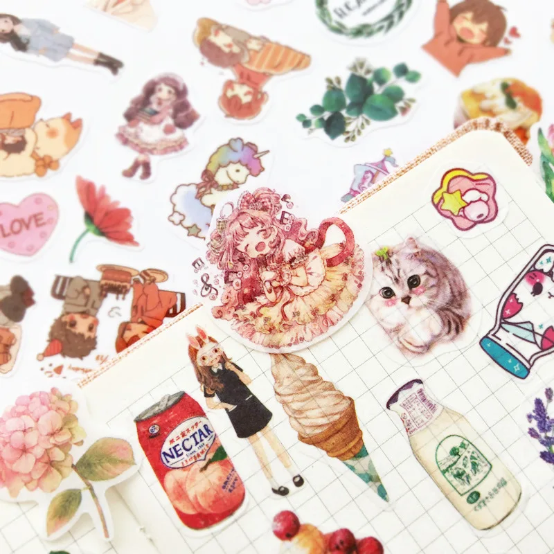 

100 pcs/pack Girl Animal Bullet Journal Decorative Washi Stickers Cute Food Scrapbooking DIY Diary Album Stick Label Stationery