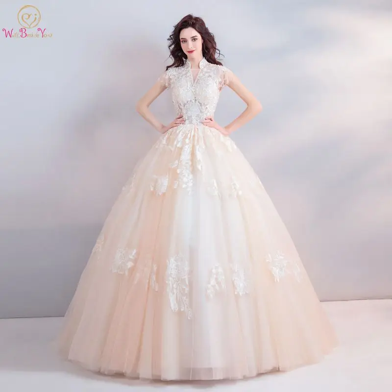 

Champagne Wedding Dresses Elegant Cap Sleeves High V-neck Beading Sequined Crystal Ball Gown Long Bridal Turkey Luxuris 2019