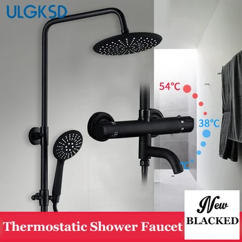 

ULGKSD Matte Black Thermostatic Shower Faucet Wall Mount Hot and Cold Water Mixer Tap Para Bath Doche ABS Shower Head & Hand