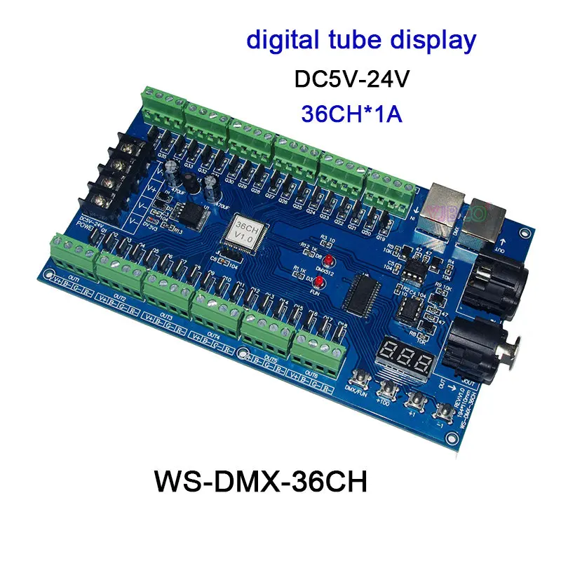 Цифровой трубчатый дисплей, DC5V-36V, 3CH/4CH/12CH/18CH/24CH/36CH DMX512 декодер, RGB/RGBW светодиодный контроллер для светодиодной ленты светильник светодиодный модуль - Цвет: WS-DMX-36CH