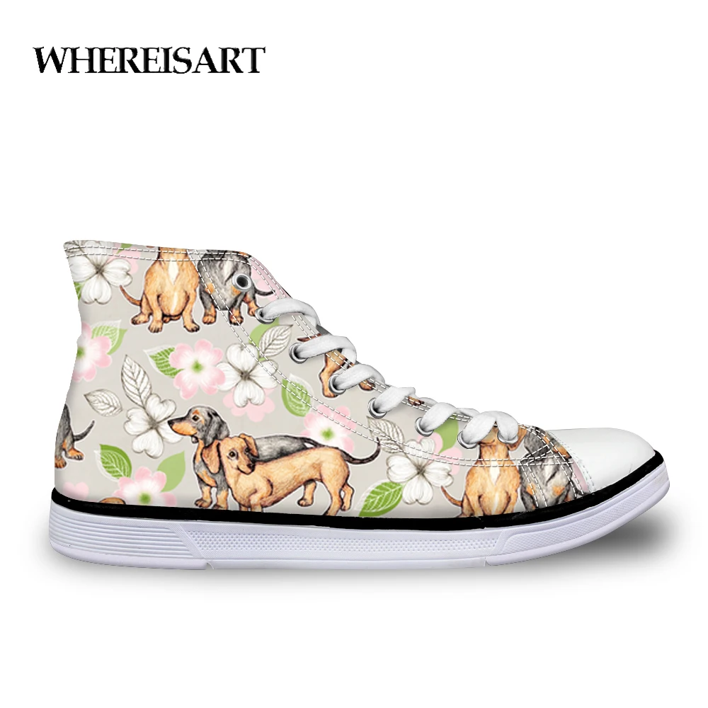 

WHEREISART Doxie Dachshund Pattern Slip On Shoes For Women Famous Sausage Dog Wiener Dog Flats Hand-Painted Female Canvas Shoes