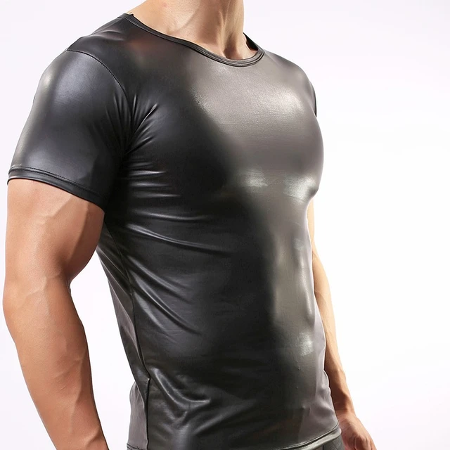 メンズセクシーなフェイクレザー T シャツ男性ファッション男性黒ナイロン Tシャツタイトなシャツゲイおかしいアンダーウェアコルセット服 Aliexpress Mobile