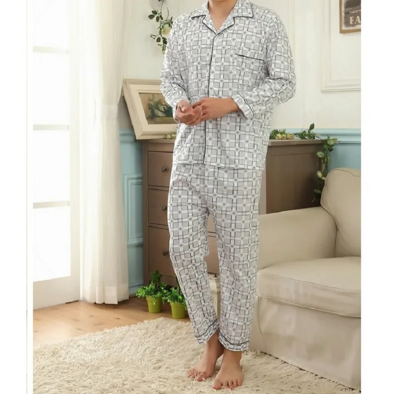 Оптовая продажа все сезоны хлопковые пижамы Для мужчин пижамы наборы плюс удобрения с длинным рукавом Для мужчин пижамы хлопок плюс код