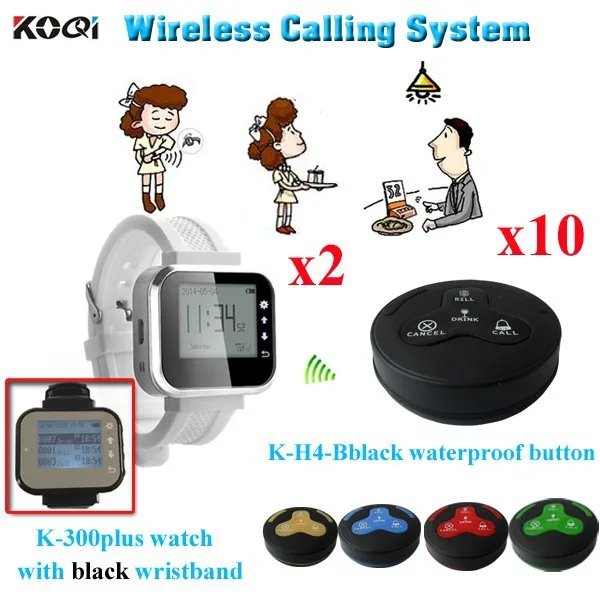 K-300plus+K-H4bblack 2+10 Restaurant Calling System Waiter Caller To The Restaurant Wireless Watch Call Service Call Start Button(2 watch+10 bell)