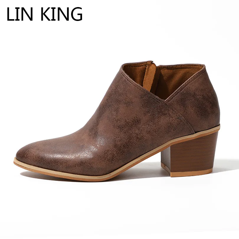 

LIN KING Fashion Pointed Toe Women Boots Big Size Retro Zipper Ankle Botas Lady Shallow Martin Boots Punk Med Heel Western Botas
