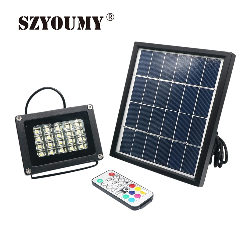 

SZYOUMY 20Leds Solar Flood Lighting Waterproof Outdoor LED Solar Lamp Powered Garden Lights Multi-Function RGB WW+Controller
