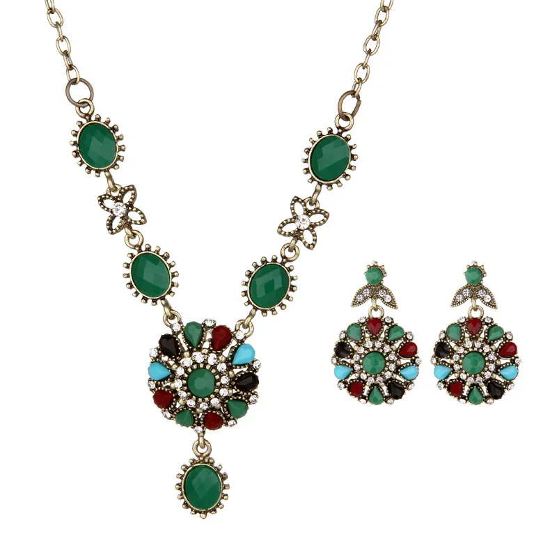 

Mossovy Green Bohemian Zircon Long Gold Necklace Earrings Set Jewelry Fashion Black Necklaces Earrings for Women Bijoux Femme