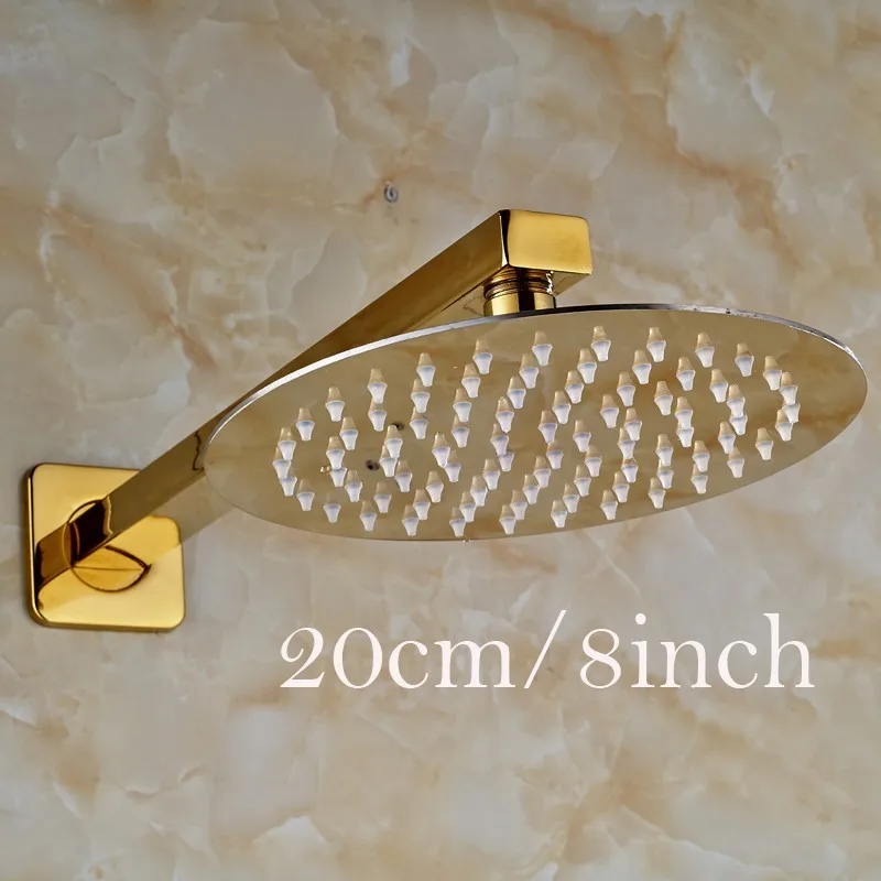 Ultrathin Stainless Steel Golden Colored Rainfall Type Shower Head with Wall Mount Shower Arm