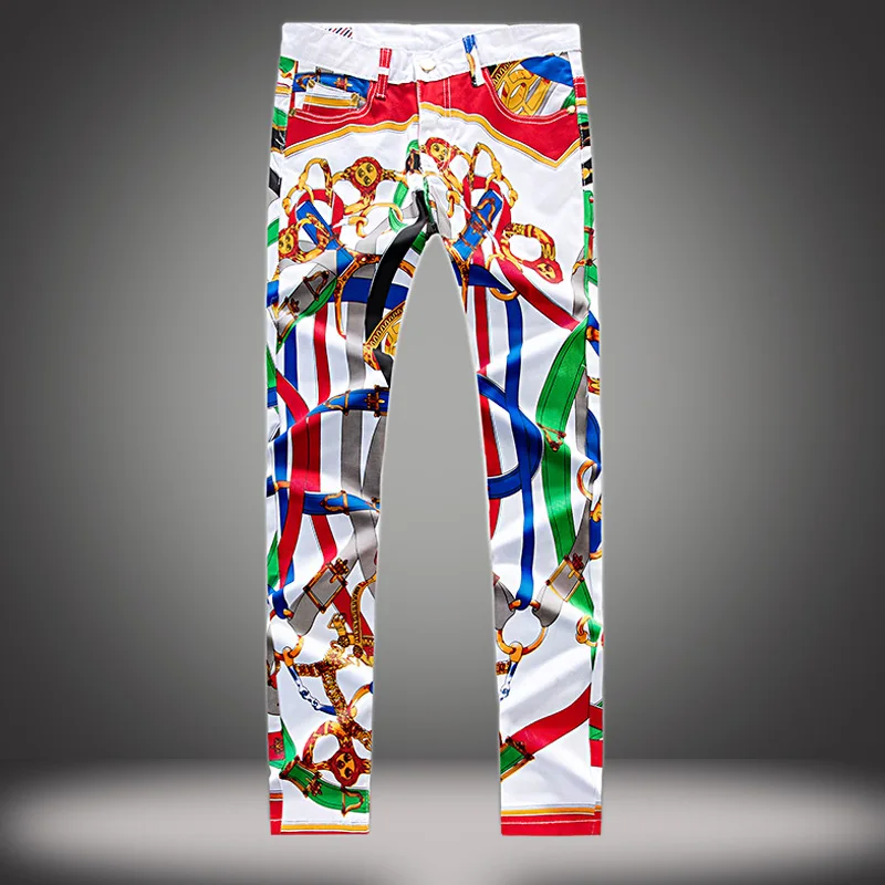 Brand White Printed Men Jeans Fashion Male Unique Cotton Stretch Jeans Man Casual Character Pattern pantalon hombre Biker Jeans