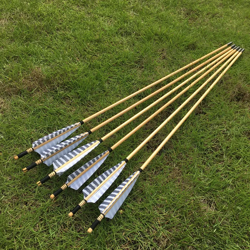 

6/12pcs Chinese traditional wooden arrows striped shield feathers For Archery