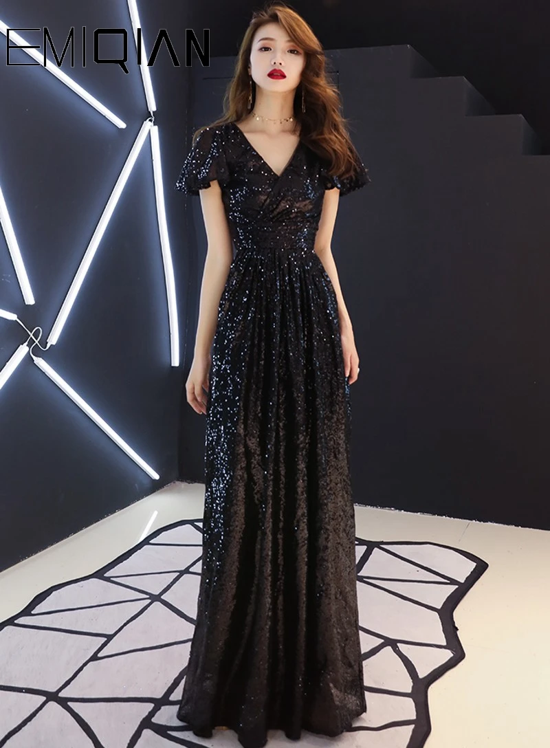 NEW A line Cap Sleeve Black Long Formal Evening Dress Sequined V Neck ...